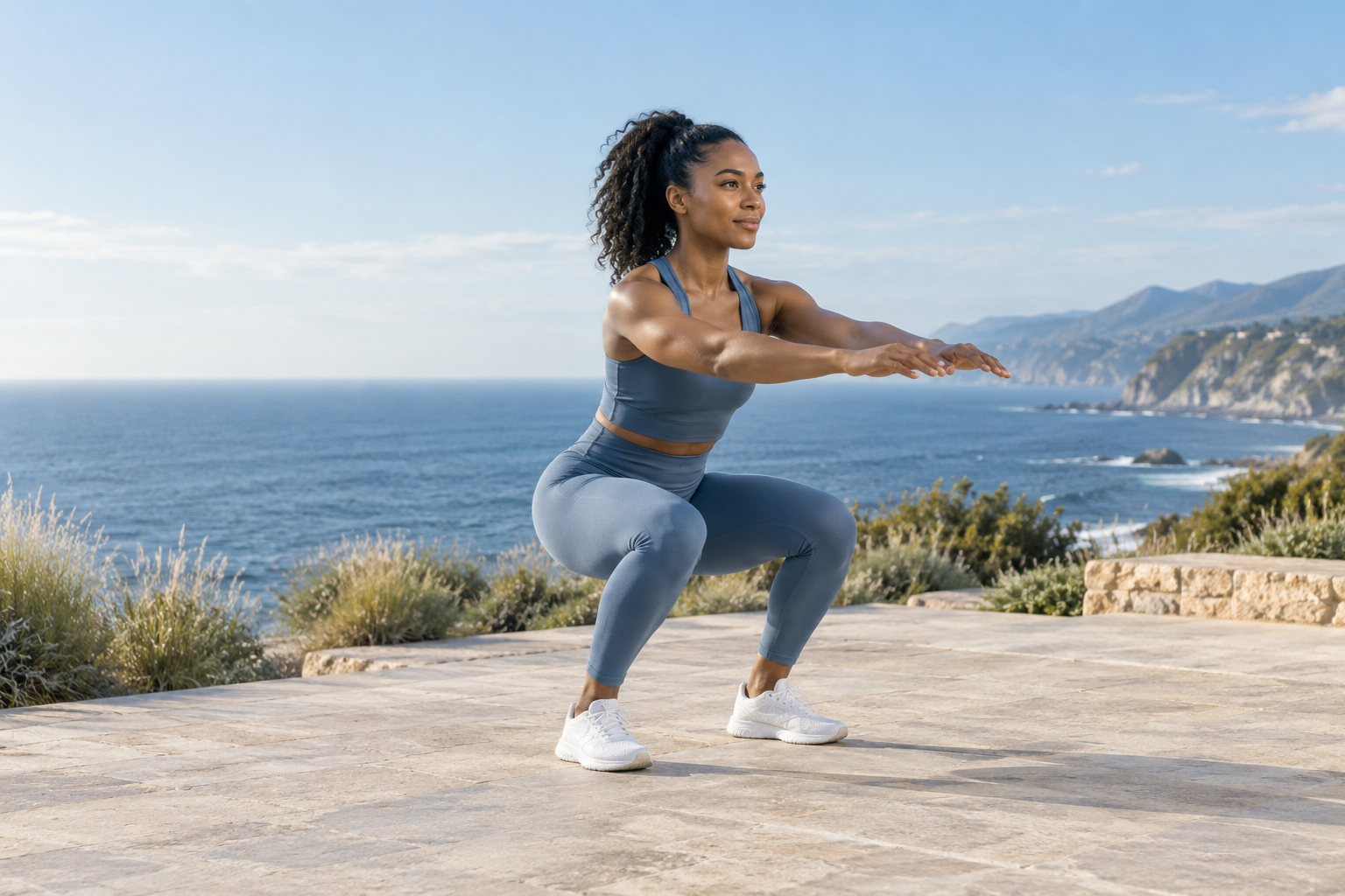 Black adult woman exercising beside the coast