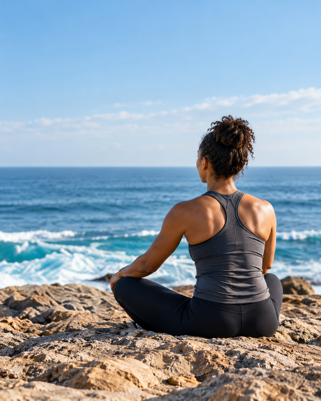 Black adult woman seated on coastal rocks, looking out over the ocean